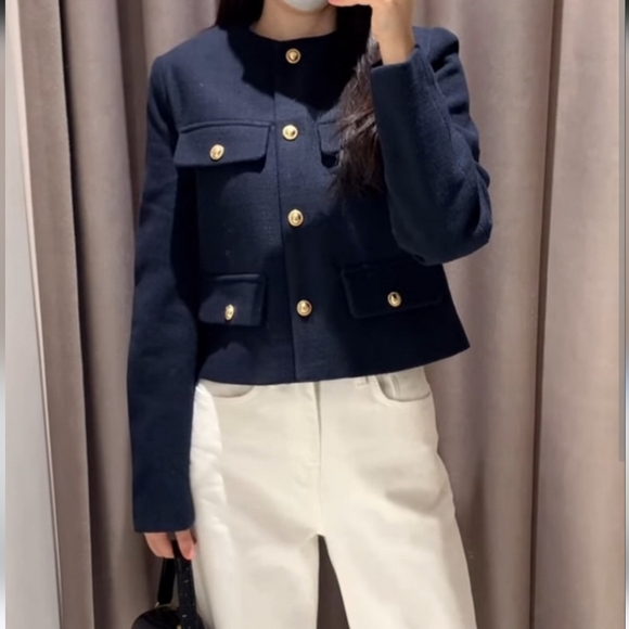 Zara Jackets & Blazers - Zara textured tweed  jacket blazer navy blue size M